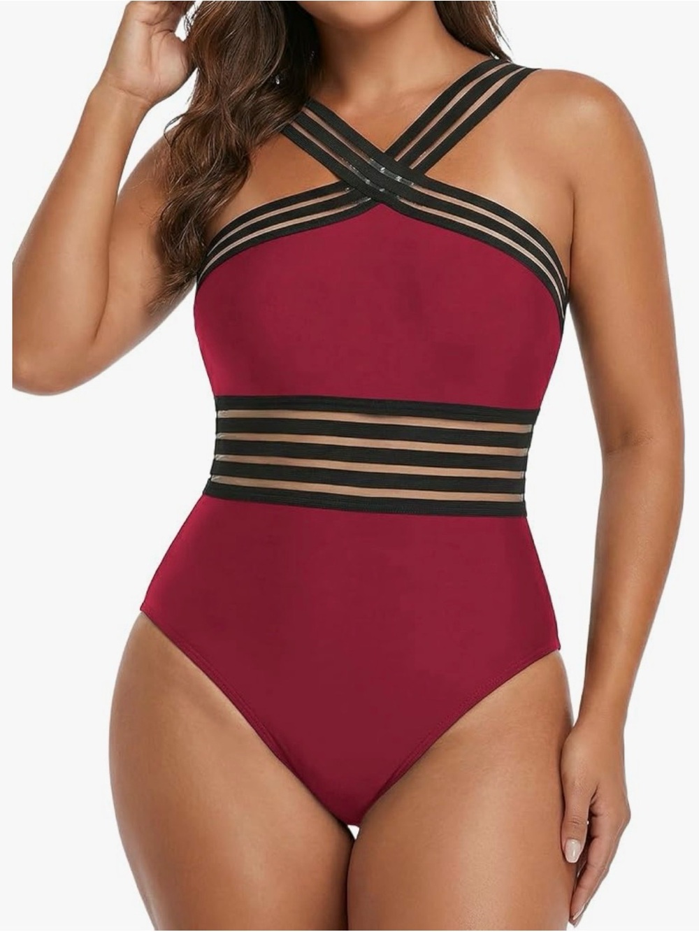 Kenneth Cole NY Women’s Burgundy One-Piece Swimwear with Black Strappy Accents